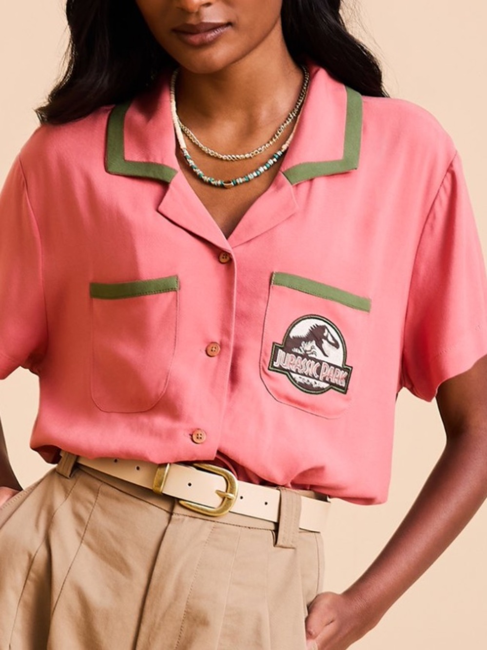 Jurassic Park Pink Floral Logo Women's Woven Button-Up - BoxLunch Exclusive L